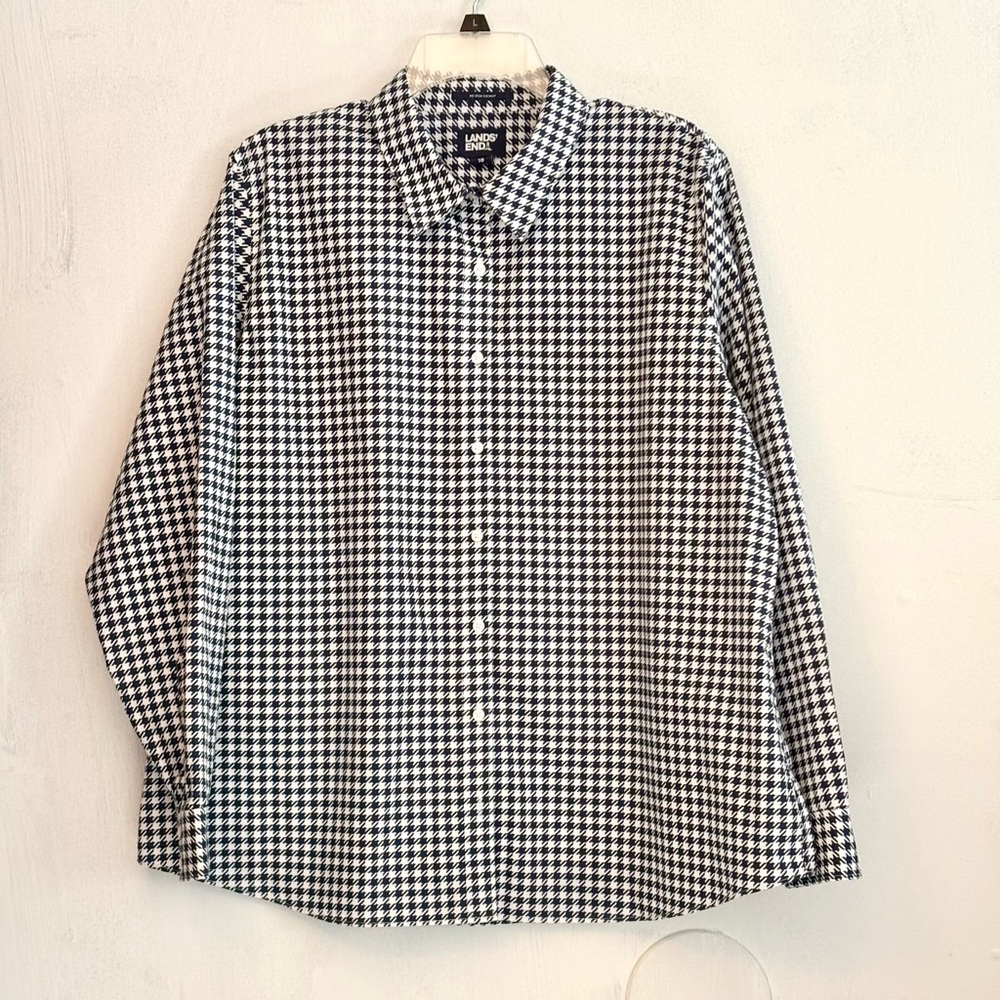 Lands End Navy White Houndstooth Print 100% Supima Cotton No Iron Blouse Size 18